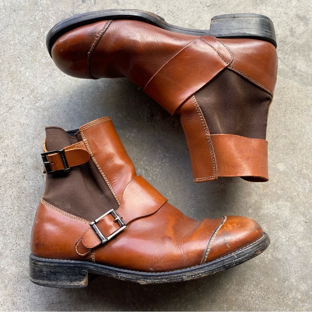 Dolce & Gabanna Chelsea Boots Strap Brown Leather Pull On Biker Mens Size 8
